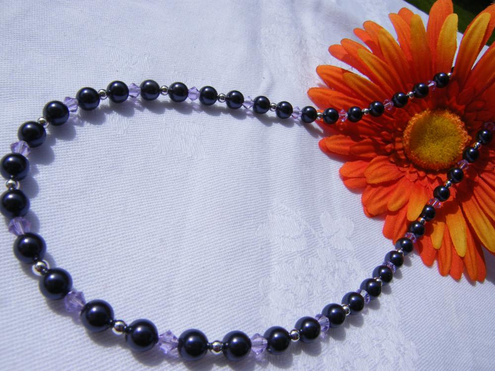 Deep Purple Swarovski Pearl Necklace with Violet Crystals, 18" Length