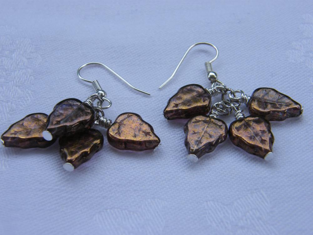 Earrings, Bronze, Leaves, Dangle