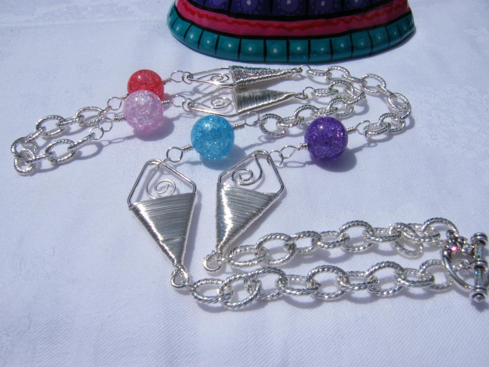 Necklace, Pressed Glass Beads on Silver Chain