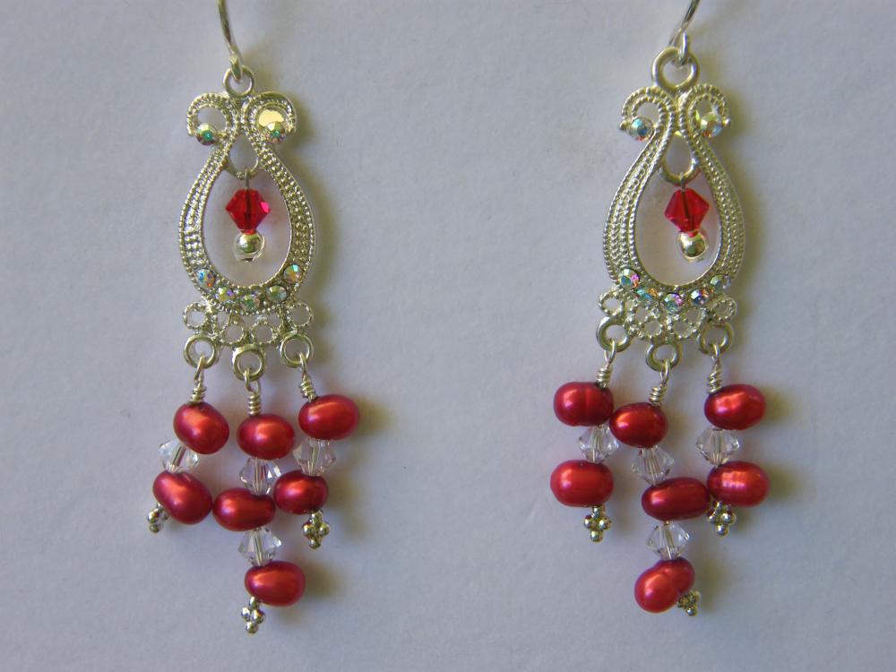 Earrings, Red Dancing Pearls, Swarovski Crystals